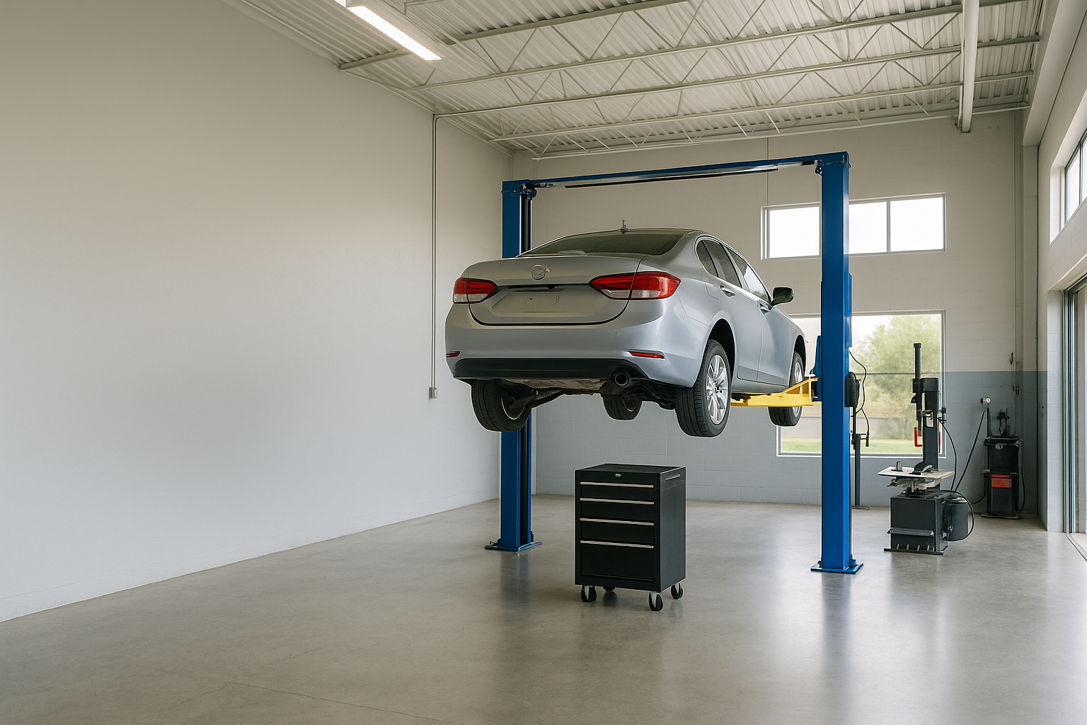 A clean auto repair bay with a car raised on a lift